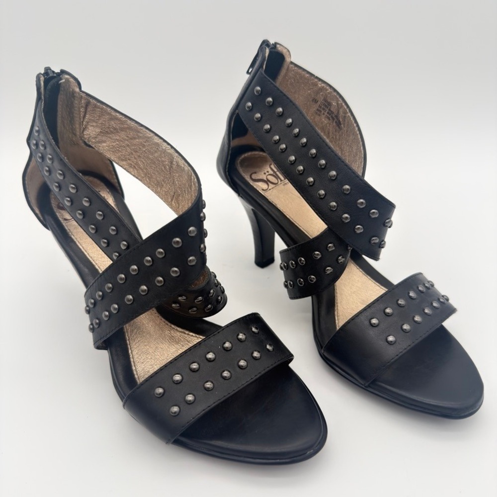 Sofft Womens 6M Black Leather Studded Strappy Zip Heel Sandals